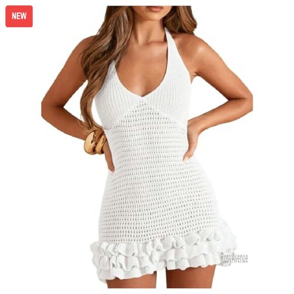 Crochet Halter Mini Dress Backless Bodycon Summer Knit - Picture 2 of 6